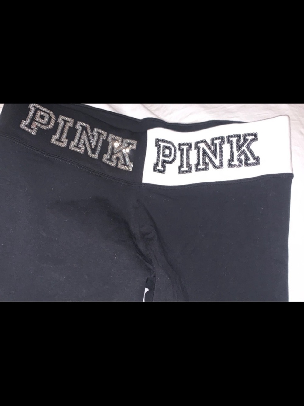 PINK Victoria's Secret White Sequin Logo Tee & Black Logo Leggings Set L/XL - Picture 3 of 5